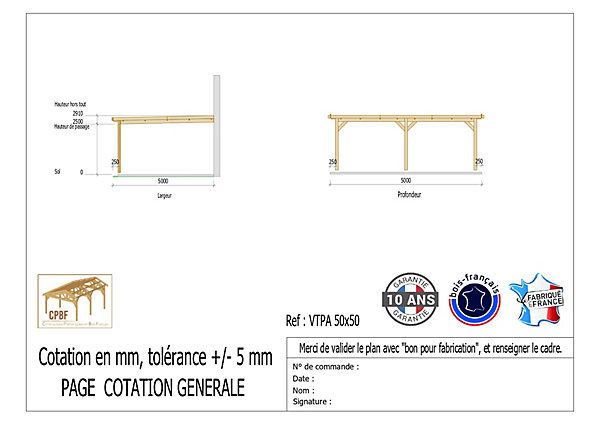 Carport adossé toit plat 500cmx500cm, bois DOUGLAS Français (Charpente en bois-auvent-abri voiture) 25 m². Garantie 10 ans