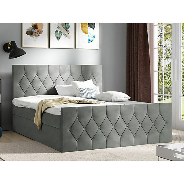 Lit continental Baltimore 161, Double, Gris, Tissu, Disponible