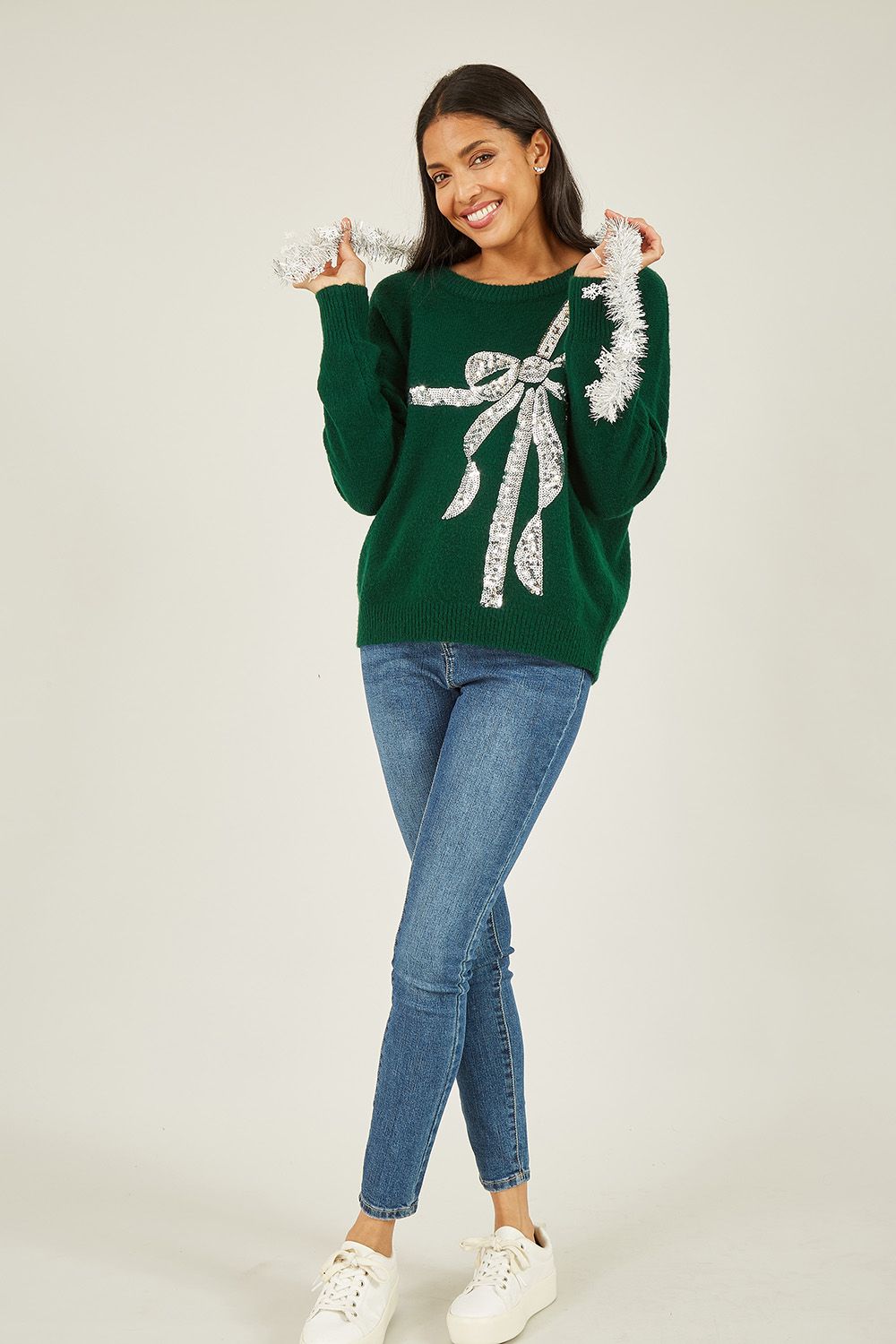 Yumi Green Sequin Bow Knitted Jumper