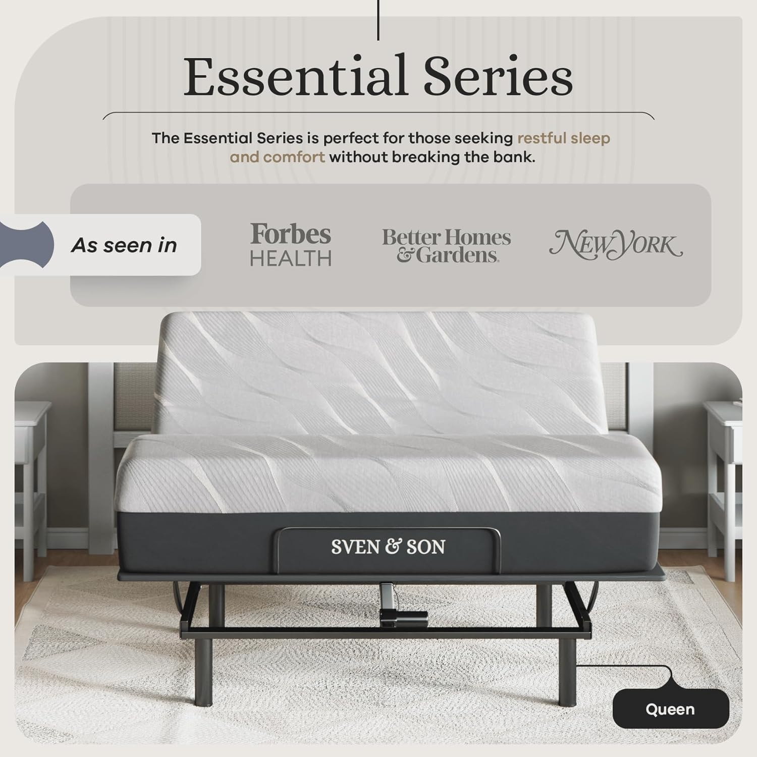 Sven and Son Essential Adjustable Bed Base (Frame) + 14 inch Hybrid Spring Matt (Medium Soft), Easy Assembly, Head and Foot Lift, Memory Positions, Zero Gravity, Wireless Remote - Queen