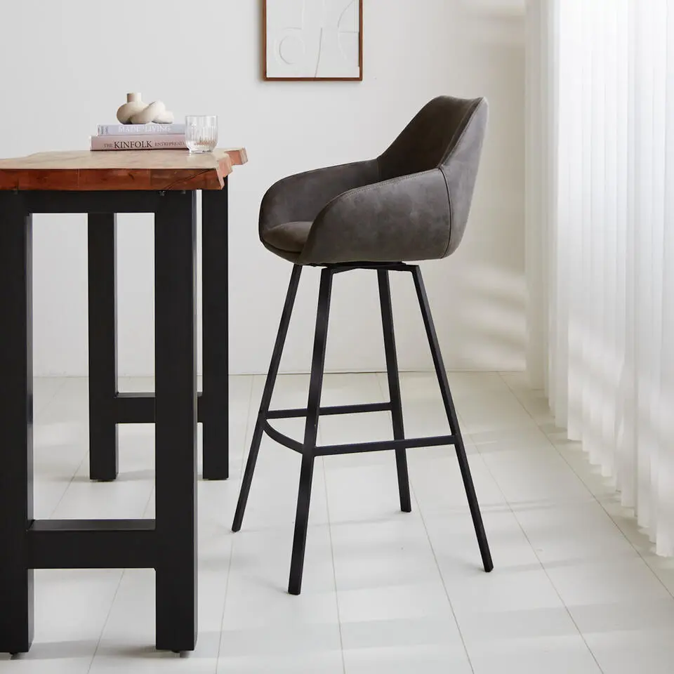 Industri?le barkruk Elise antraciet ecoleder draaibaar - Zithoogte 79 cm - Leder