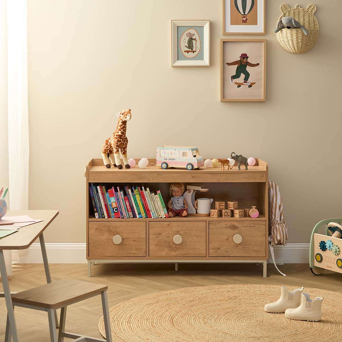 Spotty Book Storage with Toy Drawer Organiser - Cream