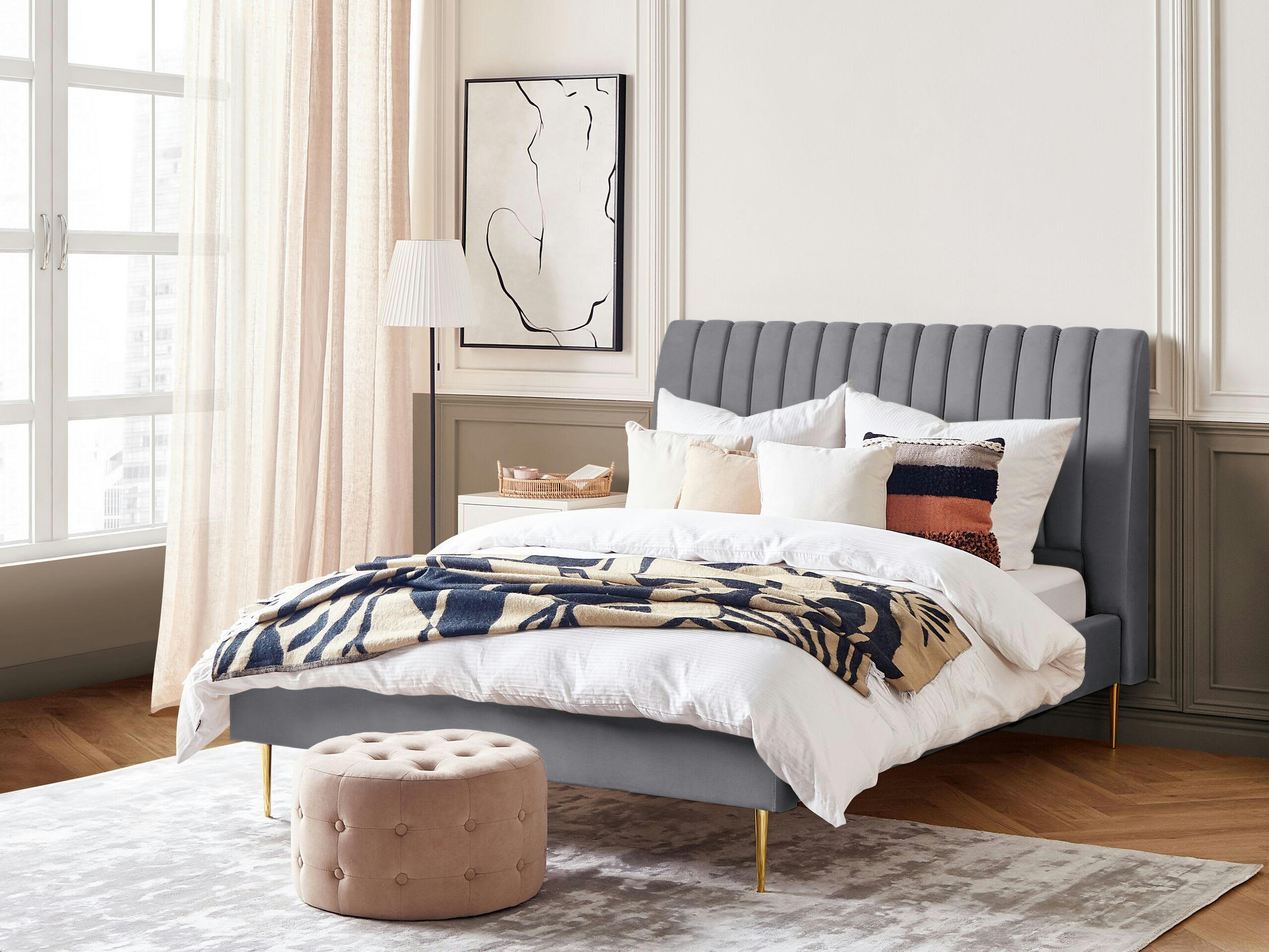 MARVILLE - Lit double en tissu gris 140x200