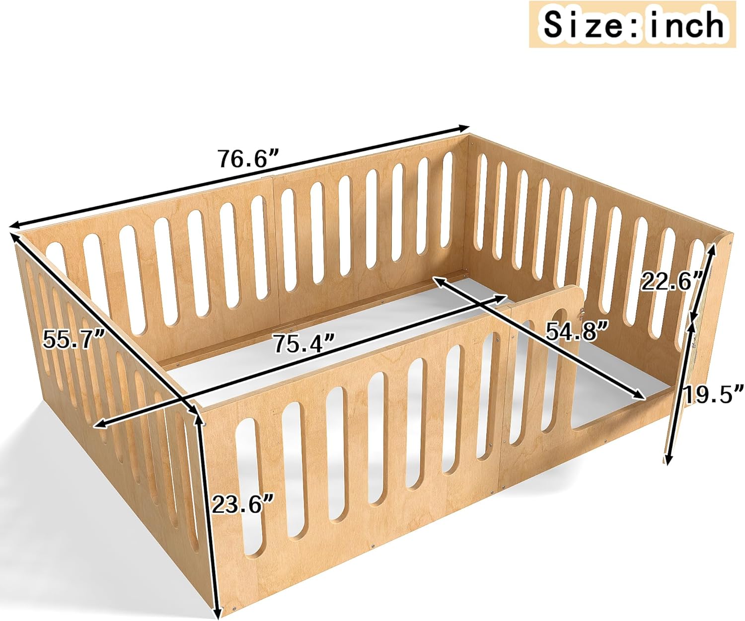 Bellemave Full Size Kids Montessori Floor Bed,Full Size Floor Bed Frame with High Fence and Door,Solid Wood Montessori Bed for Girls Boys,Natural