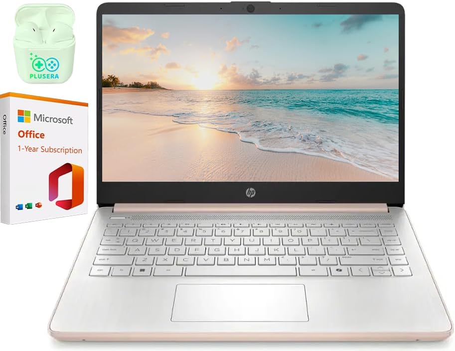 HP 14 LED Business Laptop Computer  32GB RAM 640GB Storage (128GB UFS + 512GB SD Card)  Intel Quad-Core N150  Windows 11 S & 1-Year Microsoft Office 365 Included  PLUSERA Earphones  Rose Gold