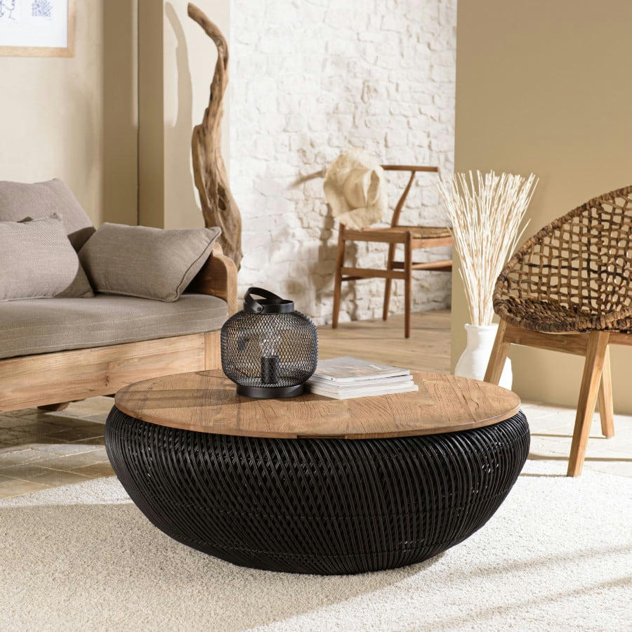 ALIDA - Table basse ronde en rotin noir plateau amovible D100