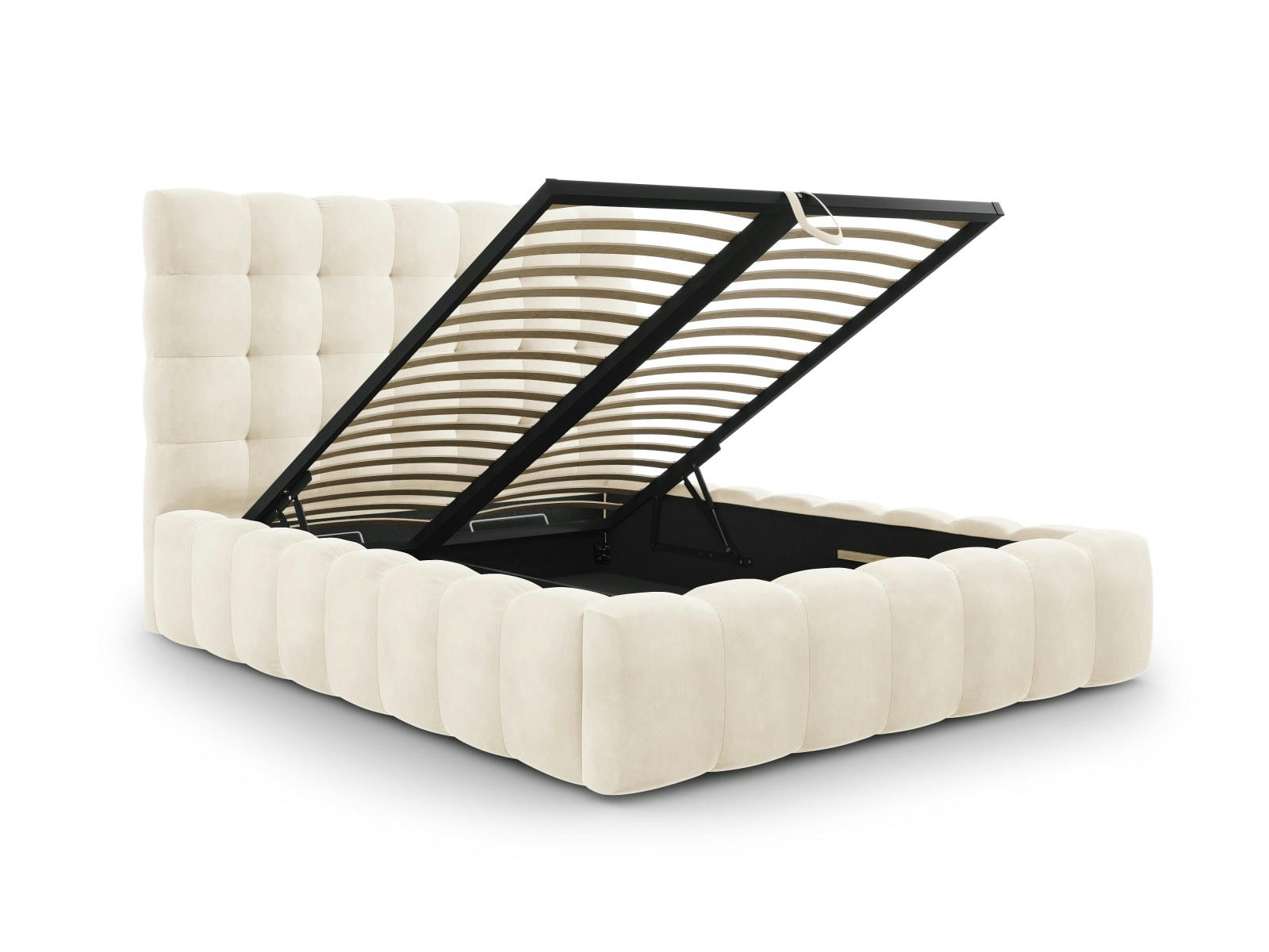 MAMAIA - Lit coffre en avec tête de lit 140x200cm en tissu velours beige clair
