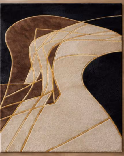 Modern Abstract Beige Brown Area Rug with Gold Lines, Geometric Luxury Designer Home-Decor Statement