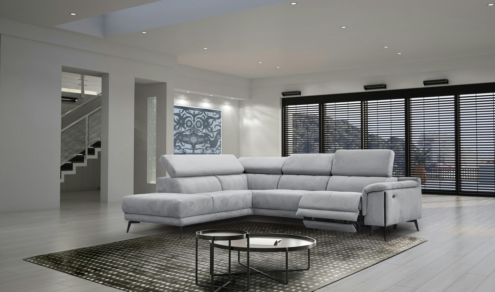 MATERA - Canapé d'angle droit 5 places avec relax électrique, Tissu Gris clair