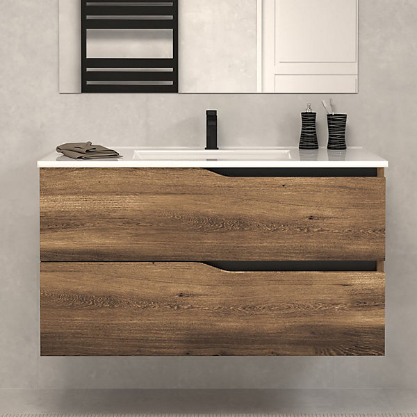 Meuble sous vasque seul, 2 tiroirs, 90cm, simple vasque - tabaco (chêne foncé) - LUNA