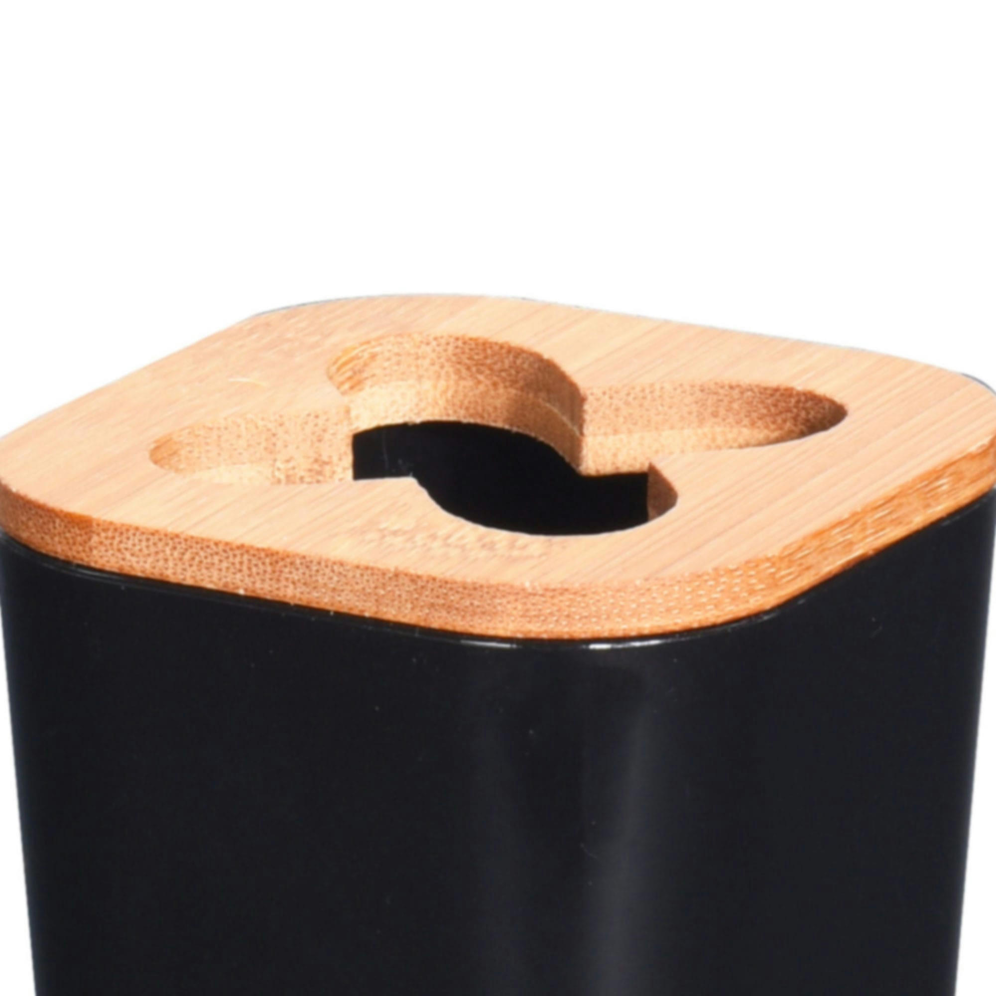 - Porte brosses à dents noir et bambou - 7.5x7.5x11.5cm