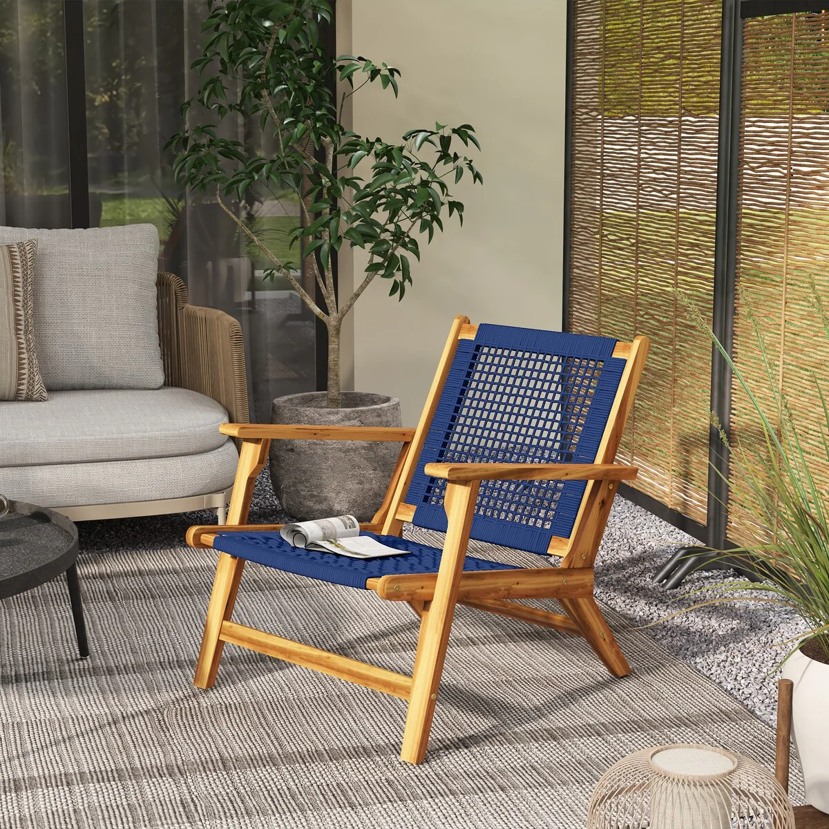 Modern Acacia Wood Adirondack Chair with PP Rope Weave, Patio Fire Pit Chair with High Backrest Support, Dark Blue