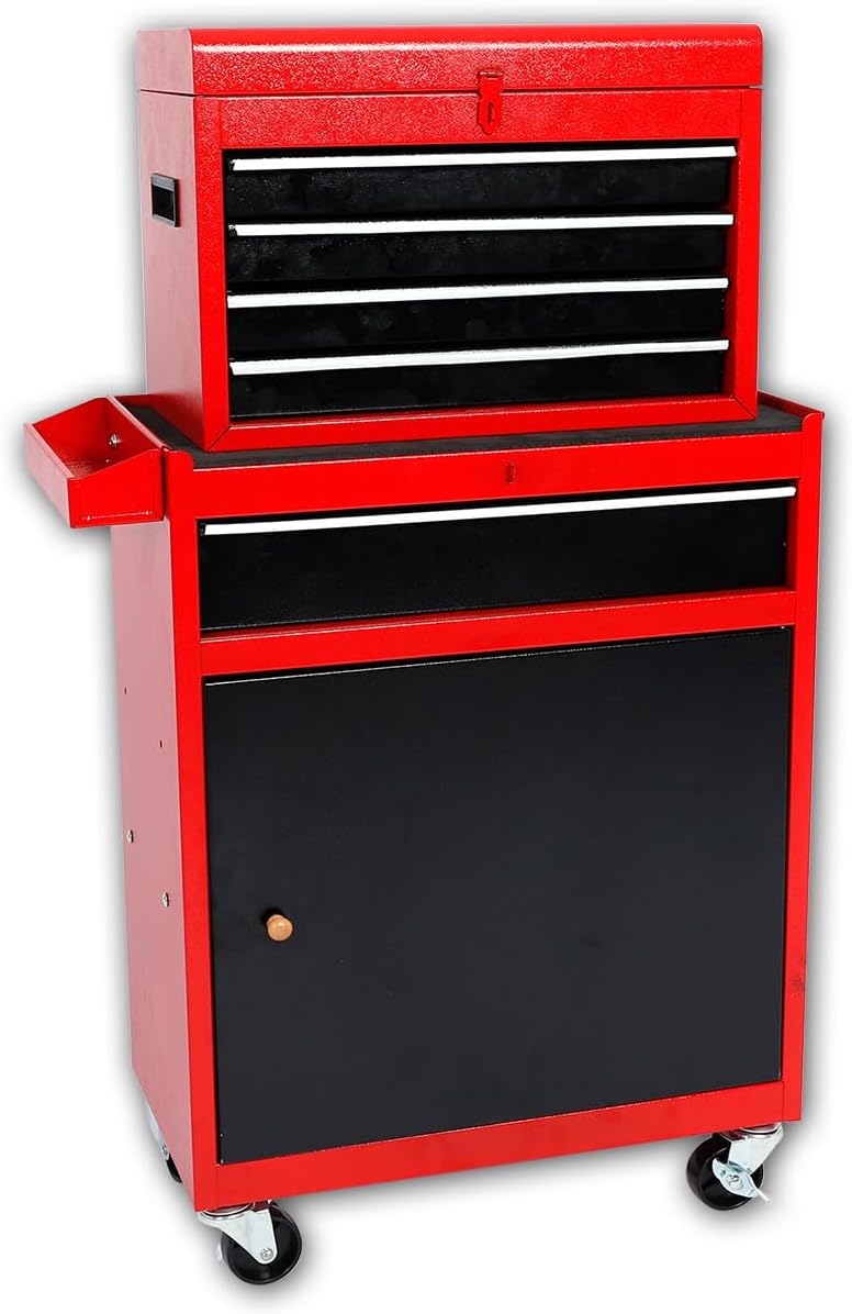 Rolling Tool Chest with 5 Drawers, Metal Storage Cabinet, Lockable Tool Storage Box Metal Organizer (Red)