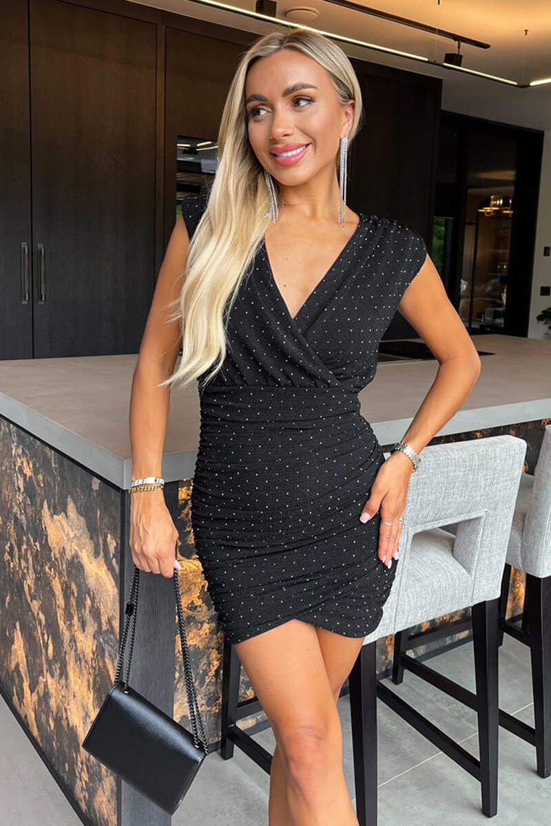 AX Paris Black Diamante Sparkle Wrap Top Ruched Skirt Mini Dress