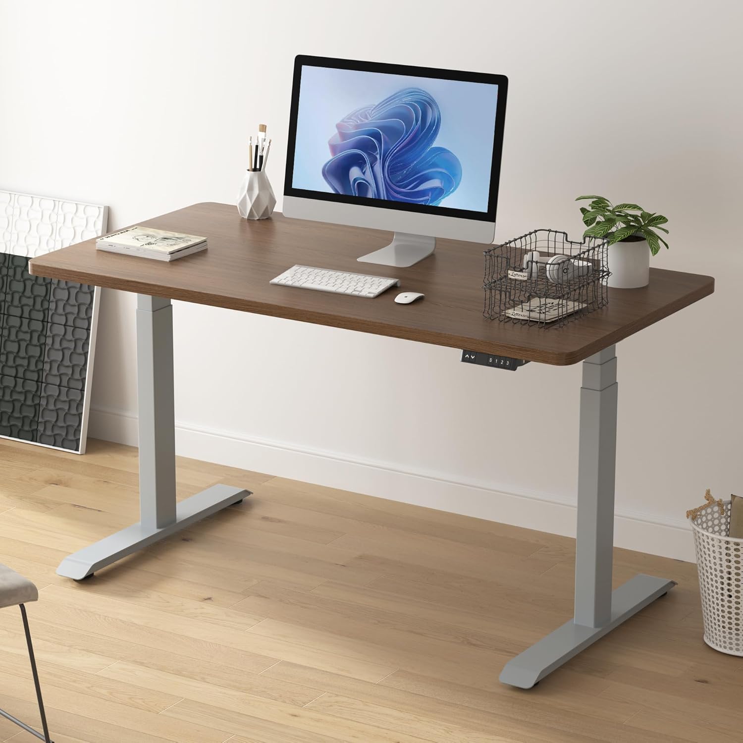 Fromann Electric Standing Desk Frame Dual Motor 3 Stages Height Adjustable Desk Legs with USB A+ C Ports Sit Stand up Desk Base for Home and Office (Grey)