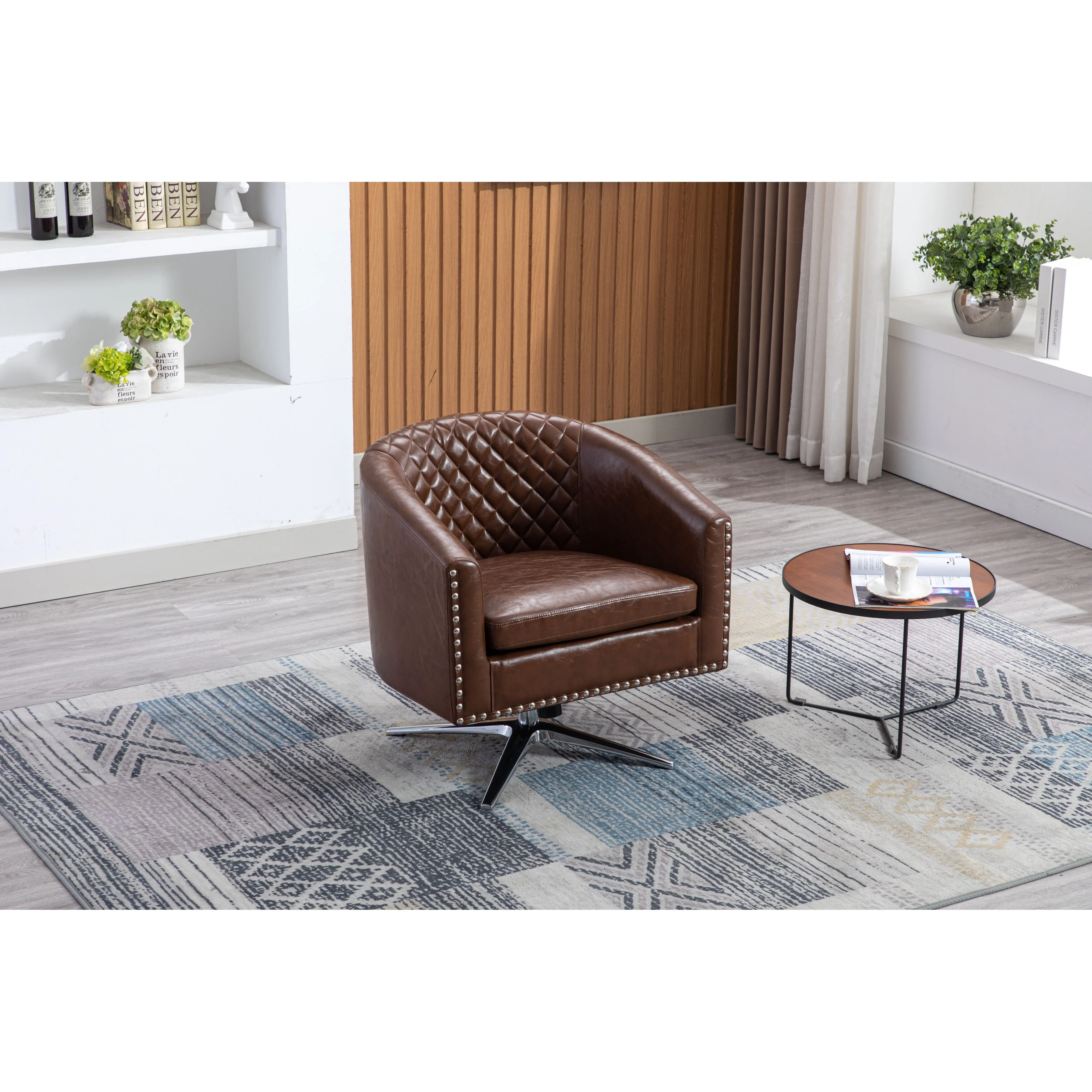 Polyester Swivel Barrel Chair with Nailheads and Metal Base