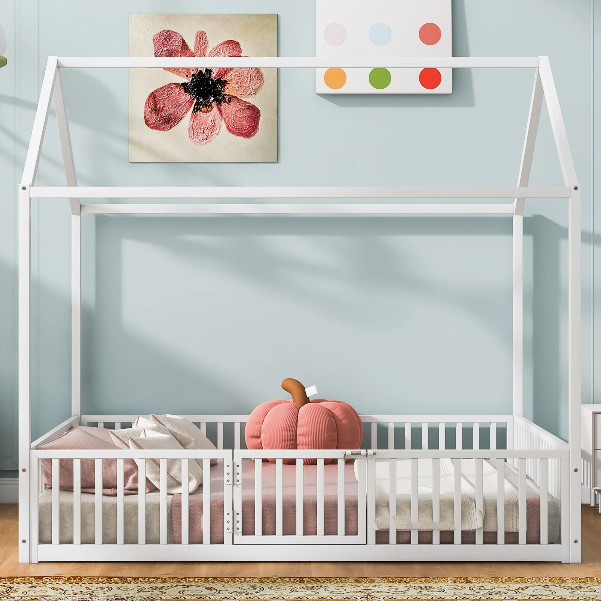 Full Size Metal Bed with House Frame Featuring Roof, Perimeter Fence, and Access Door, Durable Sturdy Construction