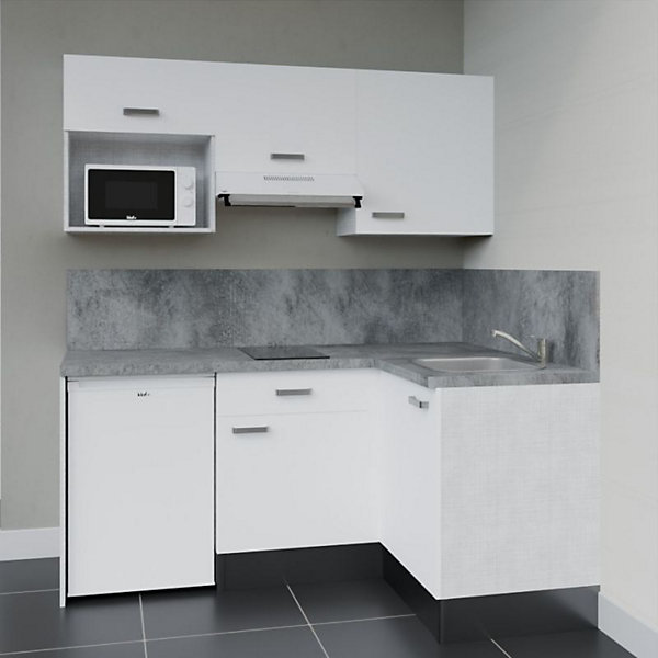 Kitchenette KA03 façades Blanc - Plan de travail Gris béton - Crédences : Oui - Evier inox - Electroménager Blanc inclus