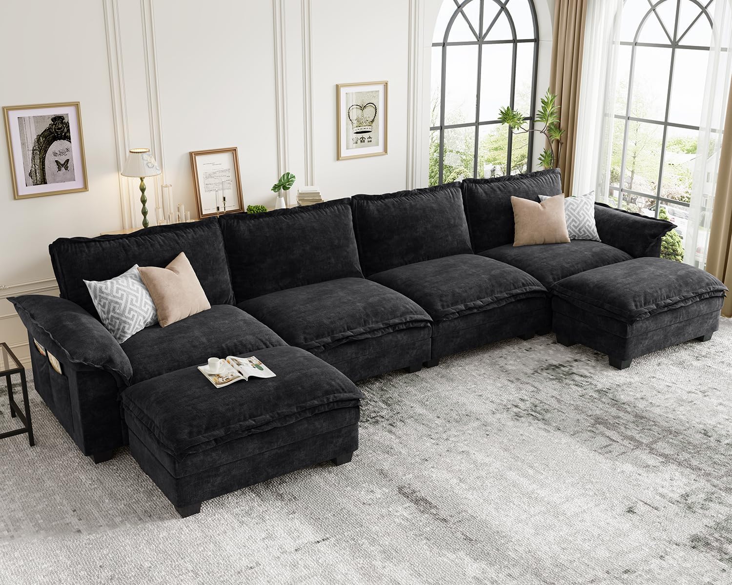 KKL U-Shaped Modular Sectional Sofa, 6 Seater Cloud Couch with Ottoman, Chenille Sectional Couches for Living Room, Apartment, Black
