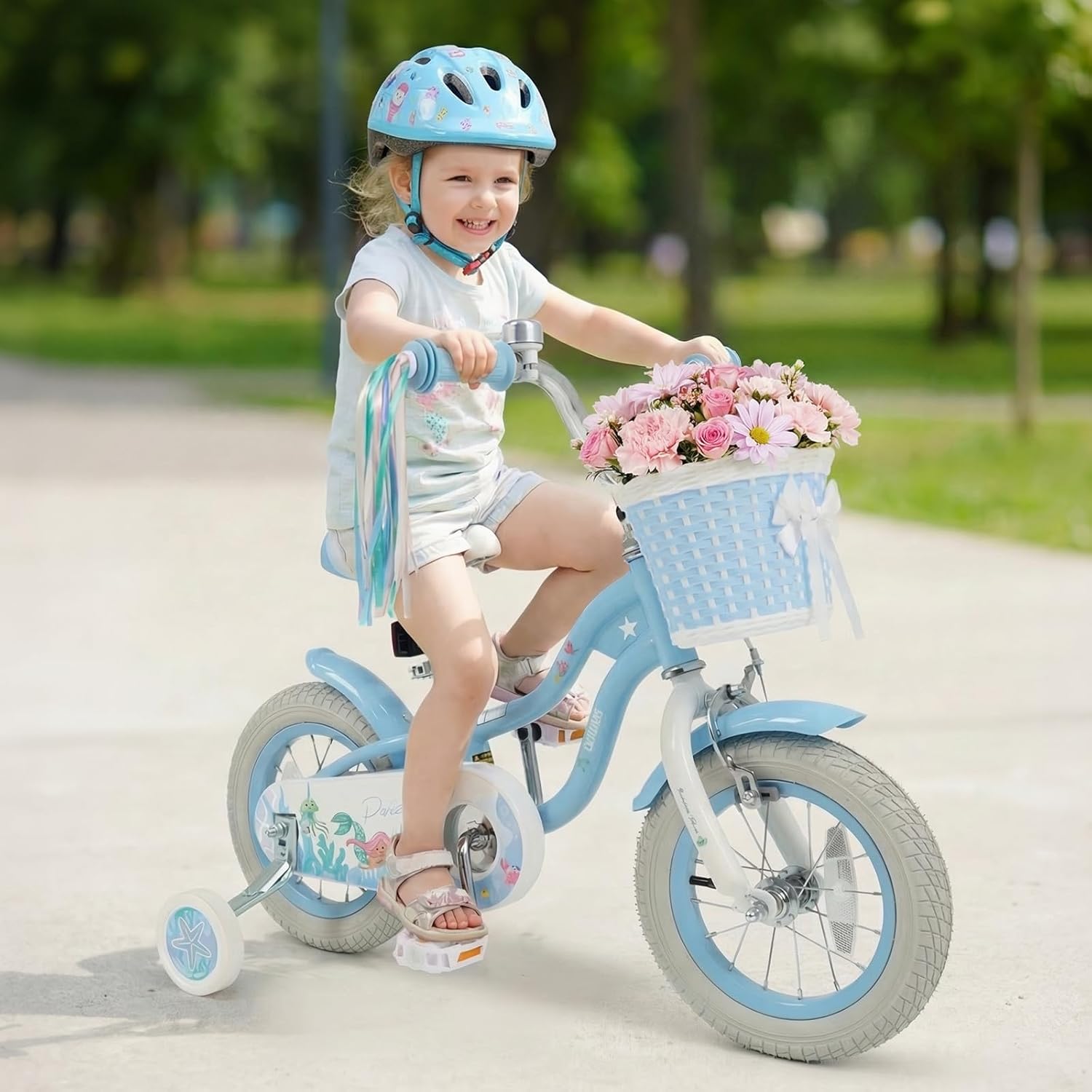 Olakids Kids Bike, 12 14 16 18 20 Inch Mermaid Theme Girls Bicycle with Training Wheels Basket Adjustable Seat and Handlebar Dual Brake