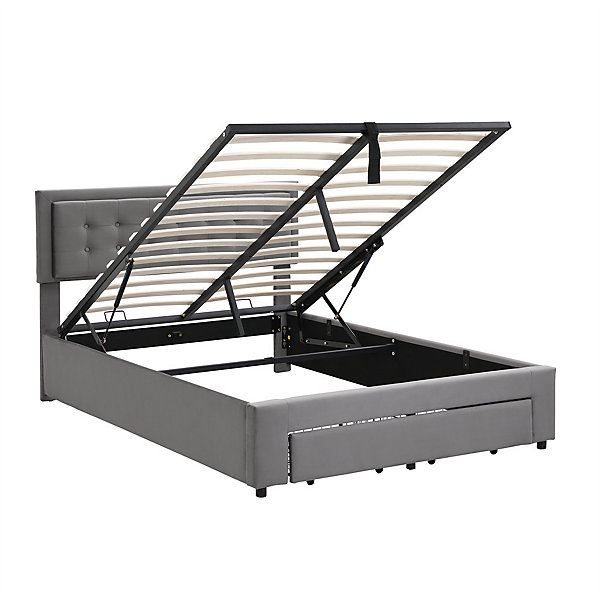Lit adulte lit coffre lit 140x200 cm lit de rangement lit rembourré hydraulique lit 2 tiroirs lit double velours gris