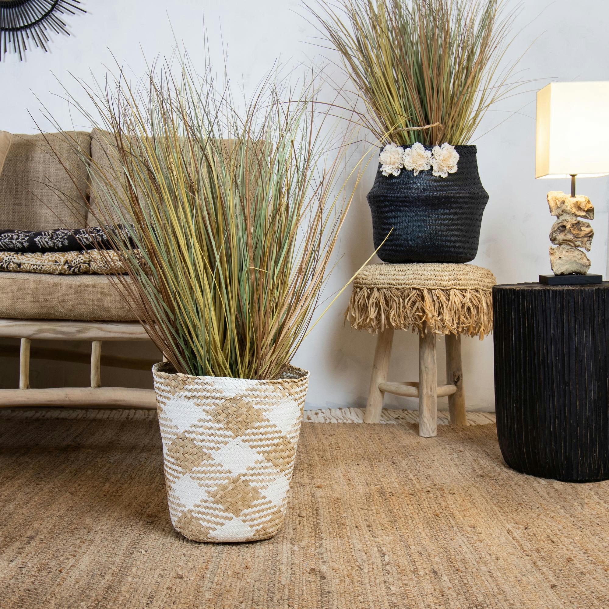 CANTHO - Corbeille à papier en jonc de mer à carreaux