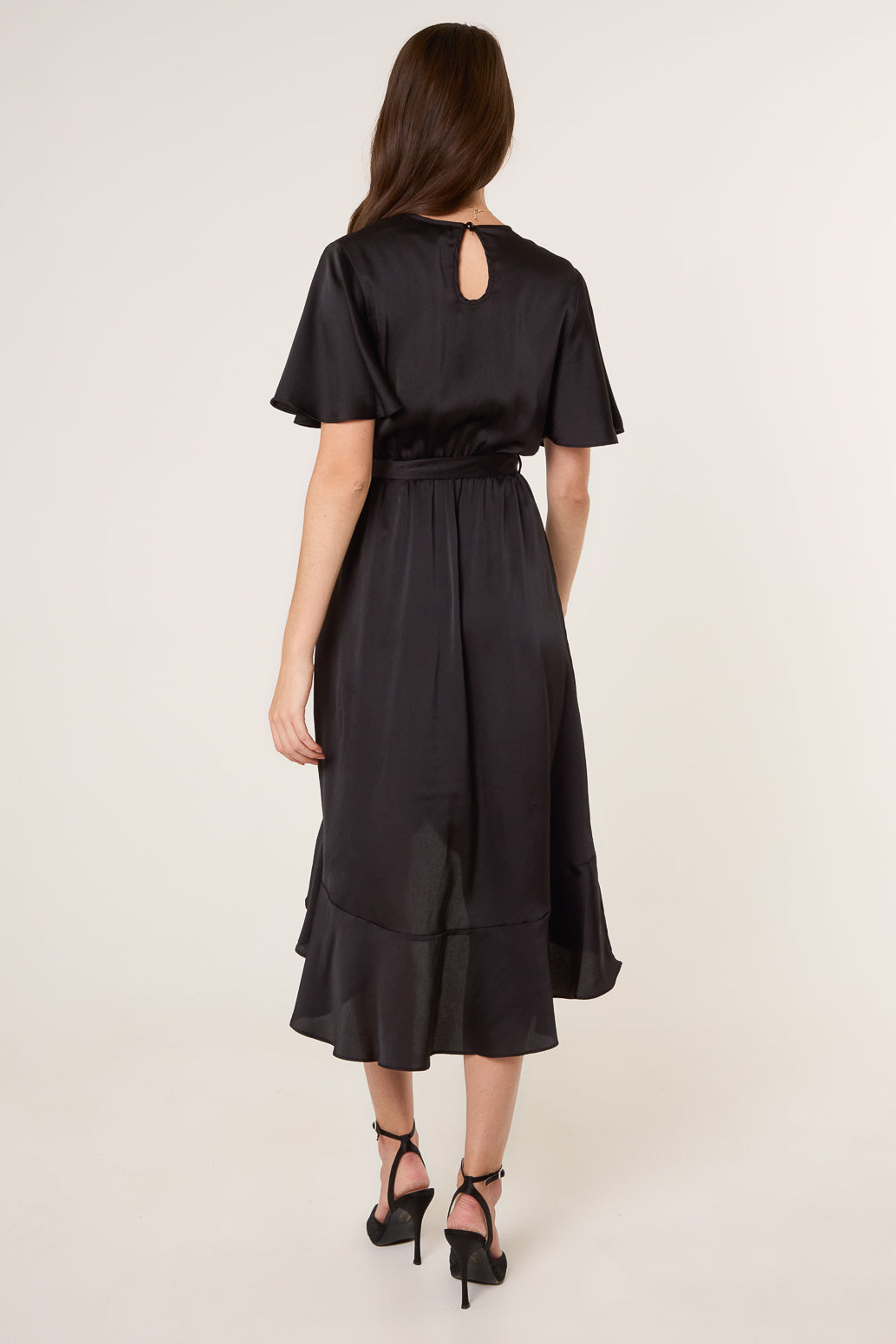 Blue Vanilla Black Satin Wrap Frill High To Low Midi Dress