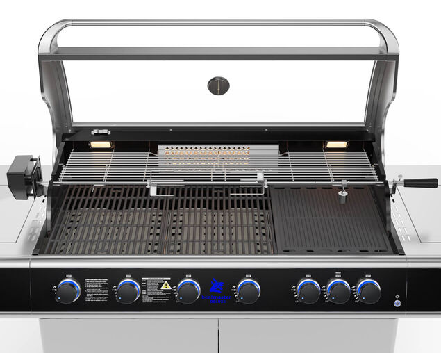 Deluxe Beefmaster T-Series 6 Burner BBQ on Deluxe Cart with Cast Iron Side Burner
