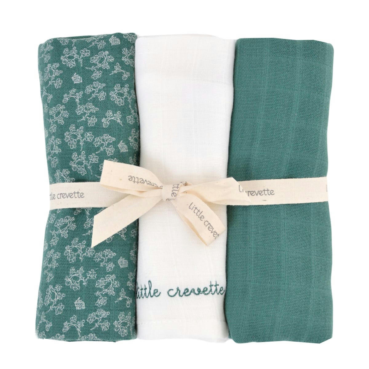 MAHE - Lot de 3 langes verts et blancs coton bio* 60x60 cm