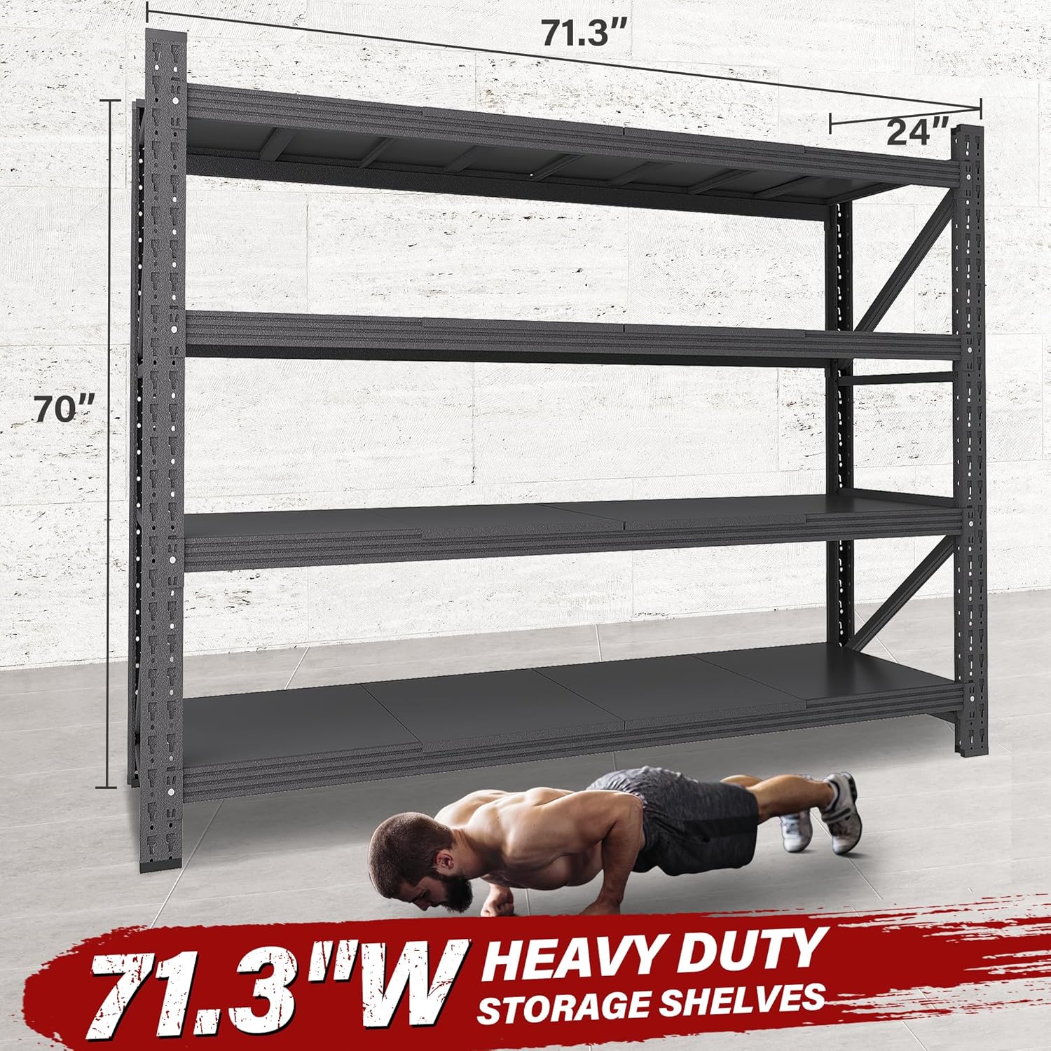 71.3 Wide Heavy Duty Garage Shelving Units,5000LBS Deep Storage Shelves,Black Metal Garage Shelves,Steel Shelf,Large Storage Rack,Industrial Shelving for Shop,Warehouse,Basement,71.3W x 24D x 70H