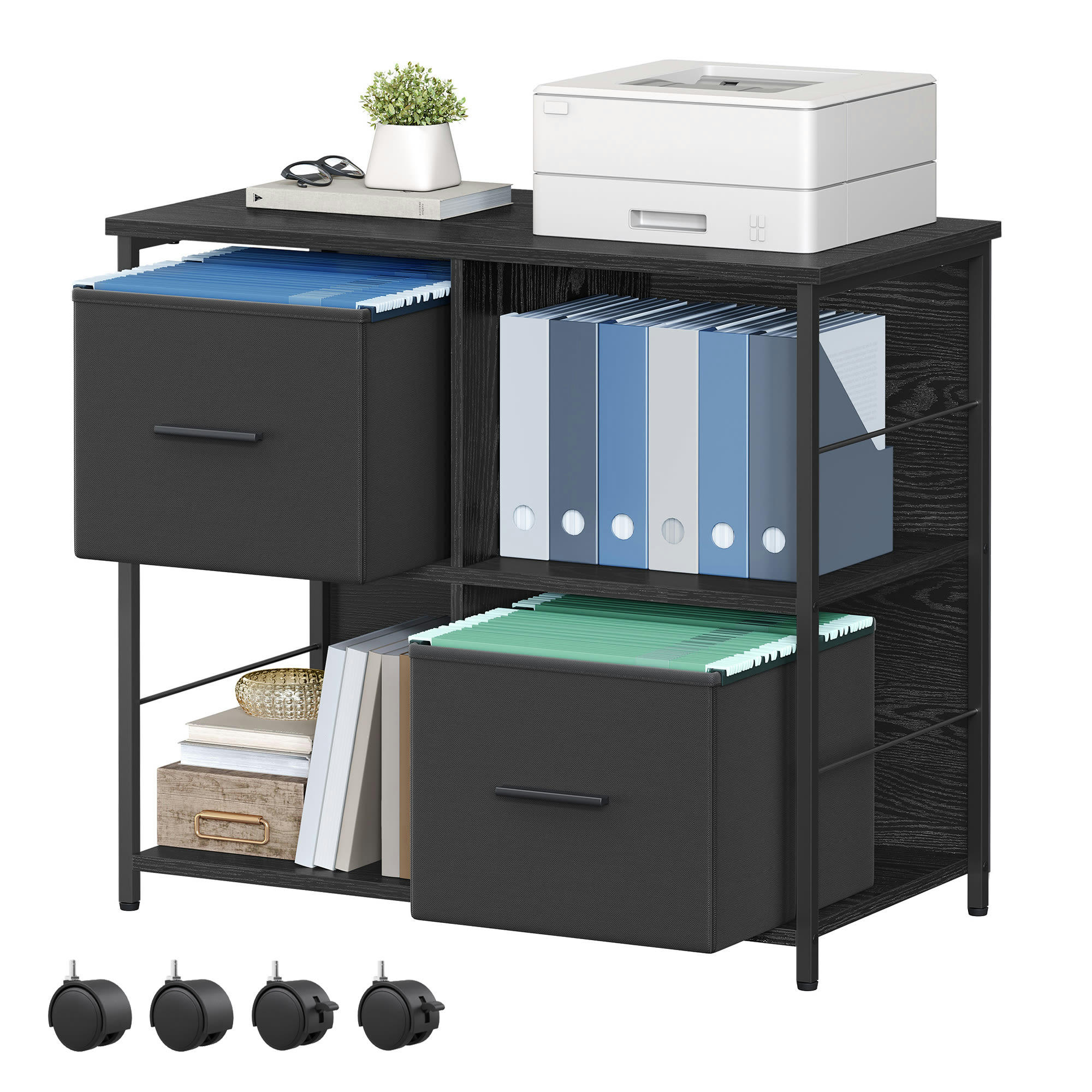 - Caisson de bureau 2 paniers en tissu effet bois noir