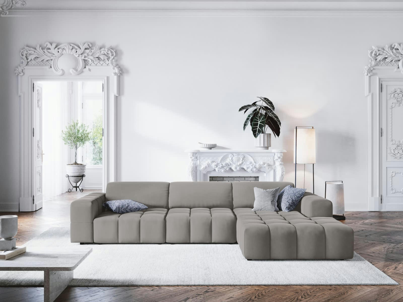 LUC - Canapé d'angle droit 4 places en tissu velours gris clair