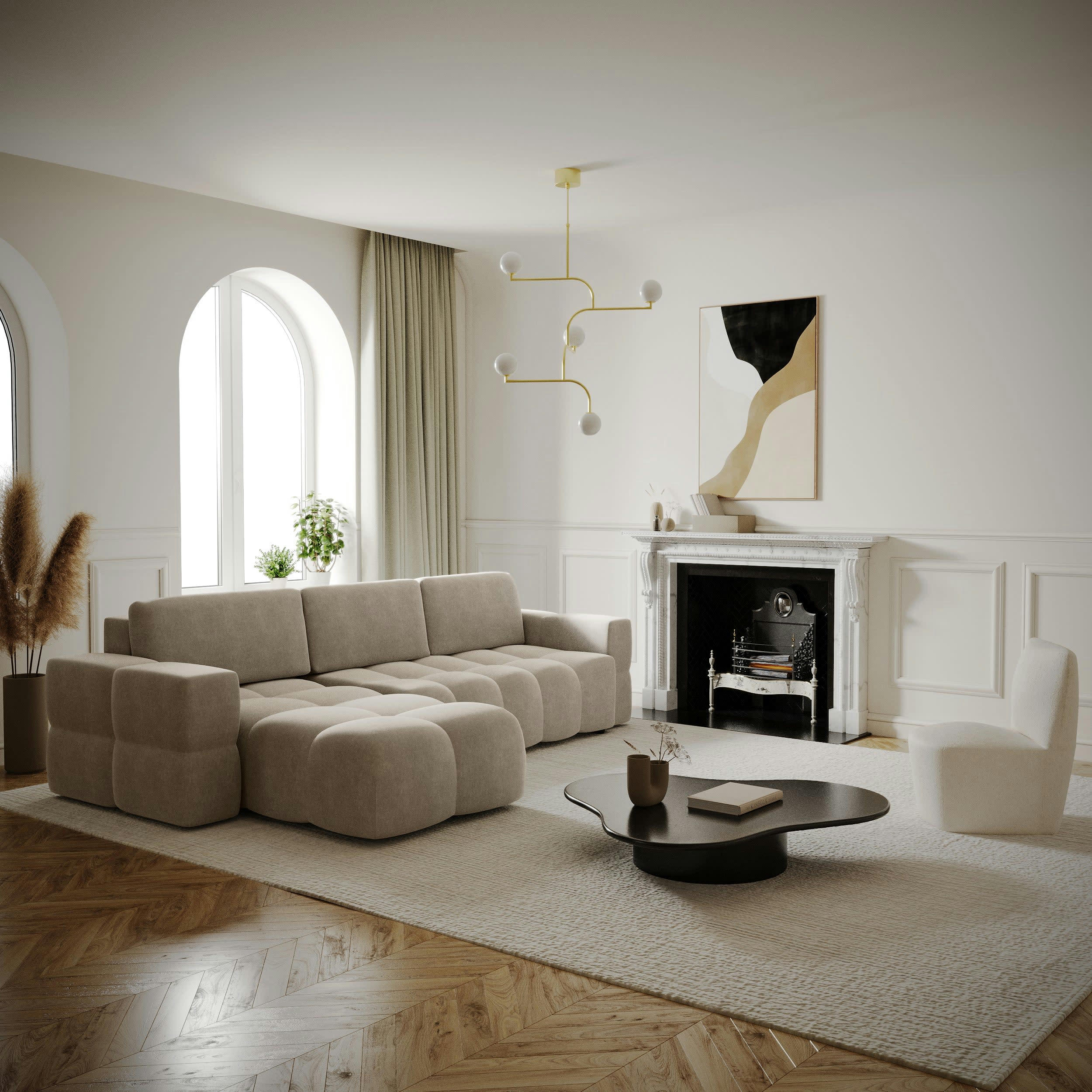 GABRIEL - Canapé d'angle gauche convertible coffre velours taupe 260x180cm