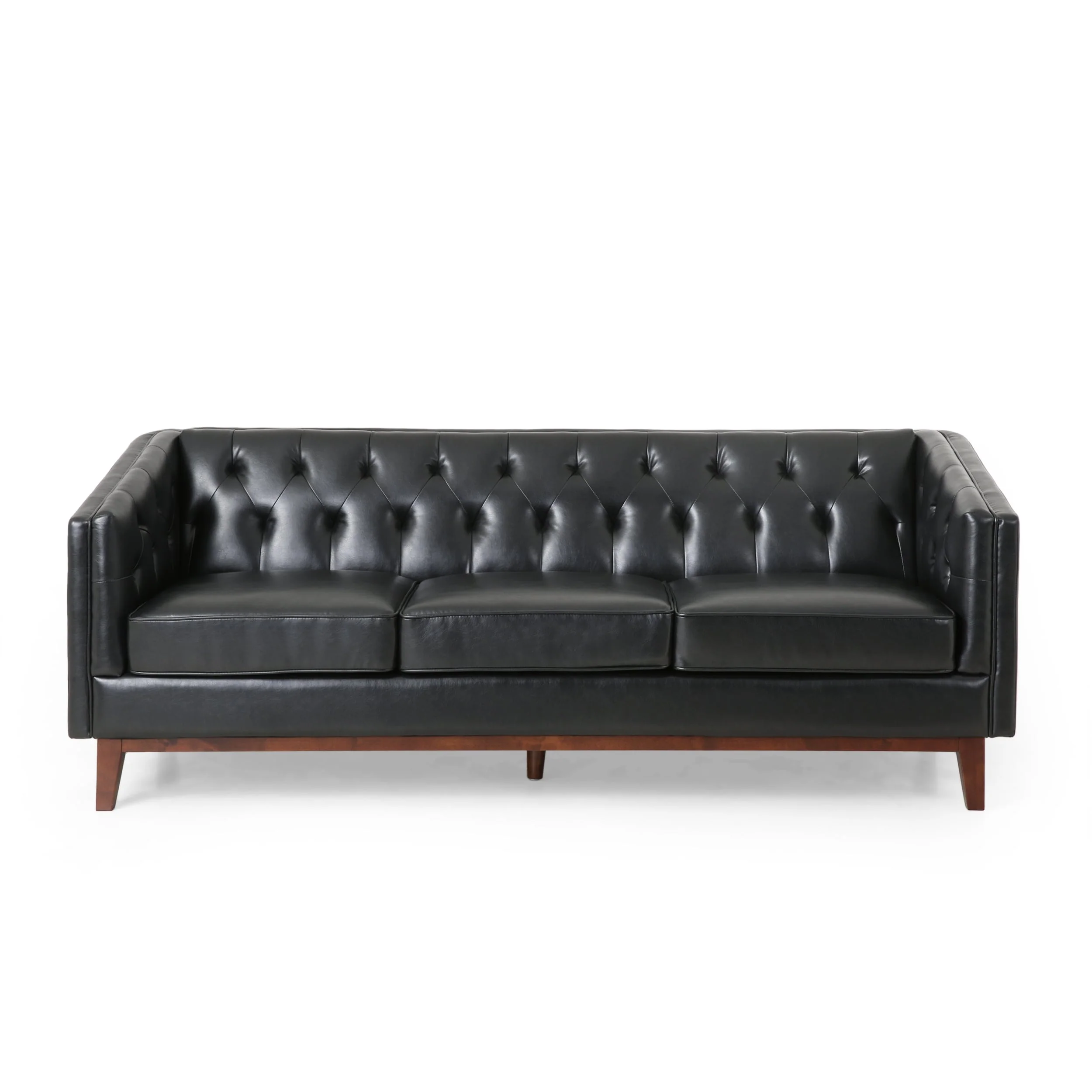 Black 81'' PU Leather 3-Seater Sofa with Tufted Back and Solid Wood Legs