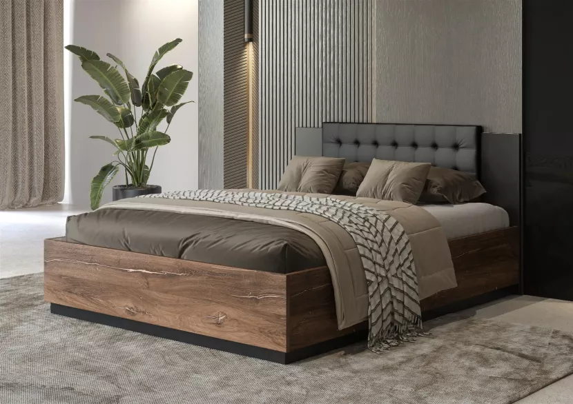 Łóżko SIGMA 140x200 dąb flagstaff miedziany/czarny mat z poj