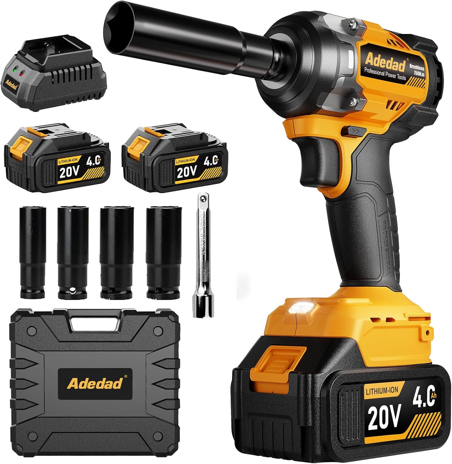 1/2 inch Brushless Impact Wrench 750N.m(553 Ft-lbs) 20V High Torque Impact Gun with 2x4.0AH Battery and Fast Charger Cordless Impact Driver for Car,Construction,Building,DIY