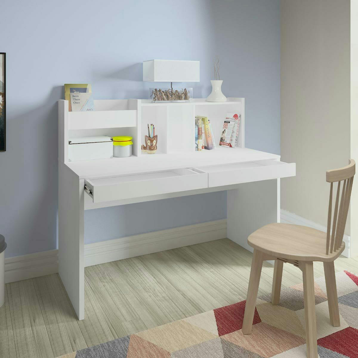 TACCO - Bureau avec sur-meuble effet bois blanc et bois