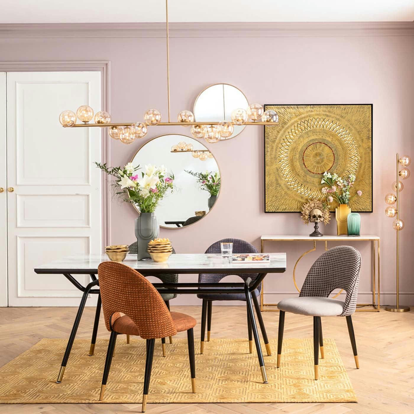 SOUTH BEACH - Table à manger 8 personnes en verre effet marbre blanc et acier