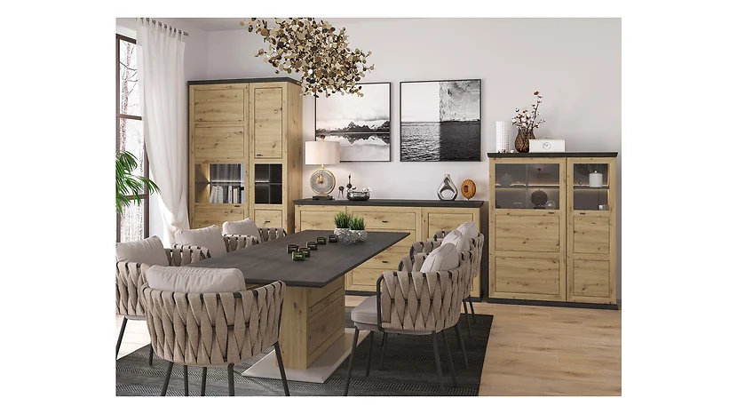 Witryna Benton 110 cm z 2 drzwiami i 3 szufladami oświetleniem LEDdąb artisan