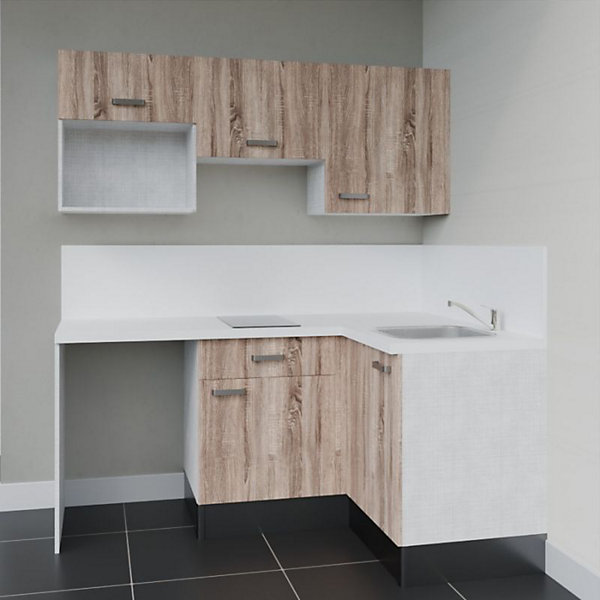 Kitchenette KA03 - 128 cm - Façades : Bois - Plan de travail : Blanc - Crédences : Oui - Evier