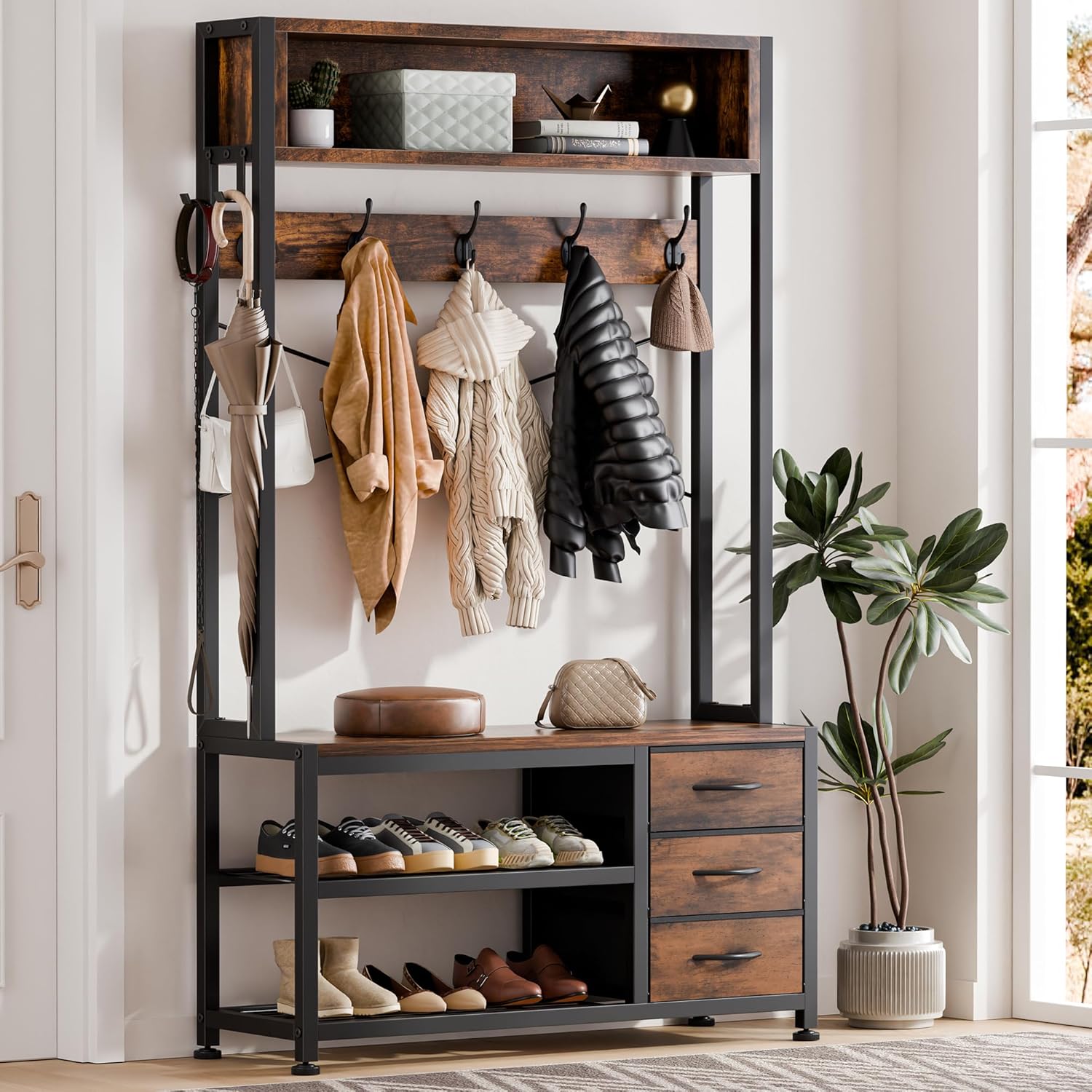 Lulive Hall Tree with Bench and Shoe Storage, 31.5 Coat Rack Freestanding with 2-Tier Storage Shelf, 6-in-1 Entryway Bench Coat Rack with 12 Hooks and 3 Drawers(Rustic Brown)