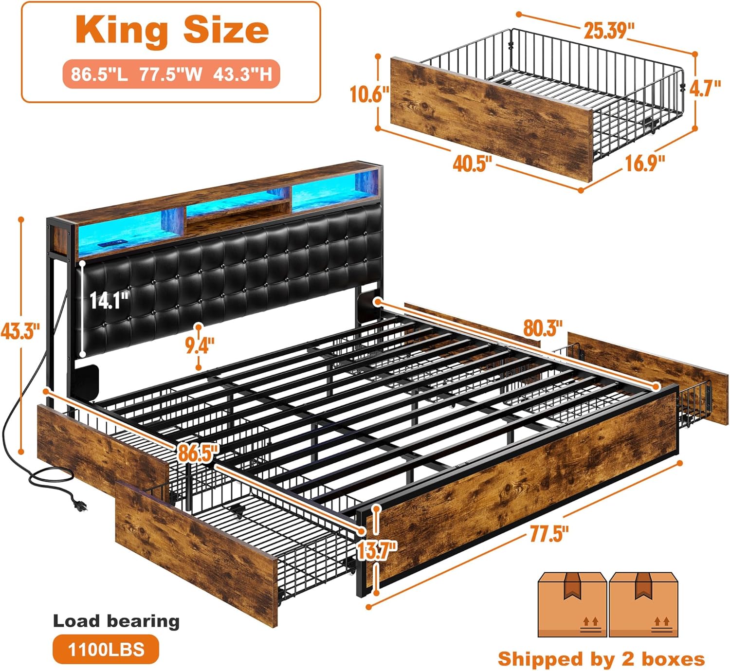 EnHomee King Size Bed Frame with 4 Storage Drawers, LED Lights & Charging Ports, Upholstered Platform Bed with Leather Tufted 2-Tier Headboard, 1100 LBS Heavy Duty Metal Slats,Vintage Brown