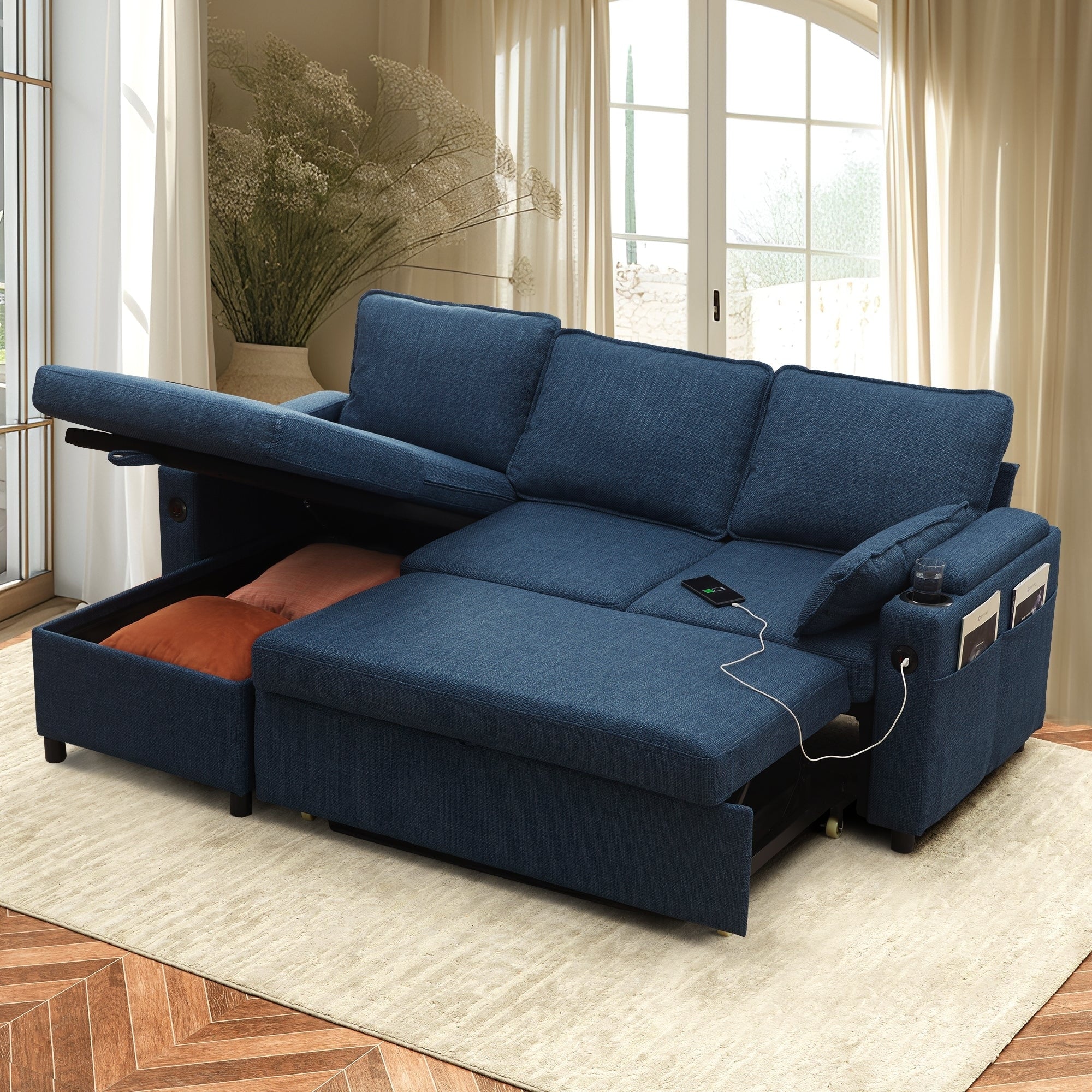 Convertible Sleeper Sofa 3-in-1 Pull Out Sectional Sofa Bed L/U-Shaped Couch with Storage Chaise