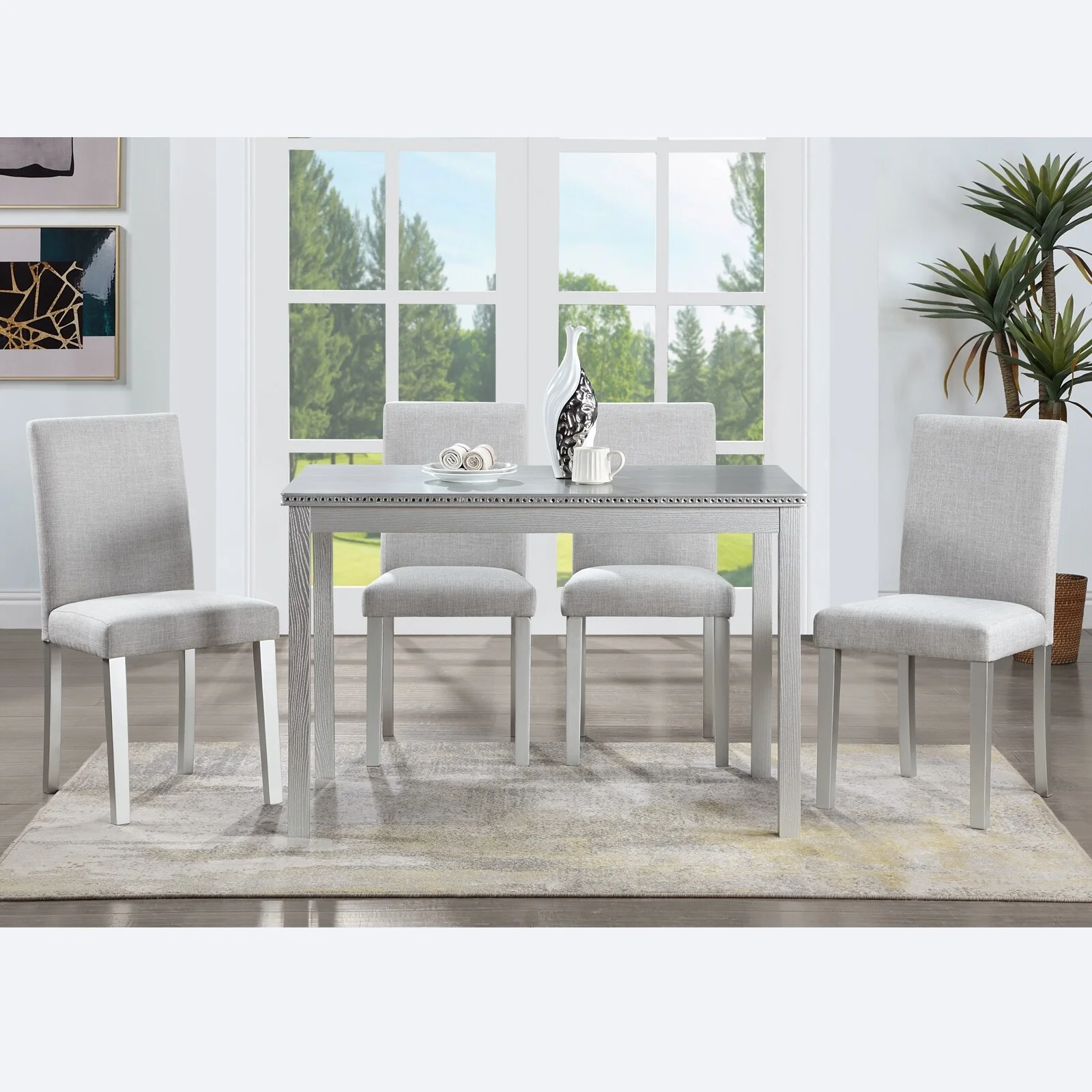 Dining Table Set for 4 Person, Modern 5 Piece Wooden Kitchen Table Set with 4 Upholstered Chairs, for Dining Room