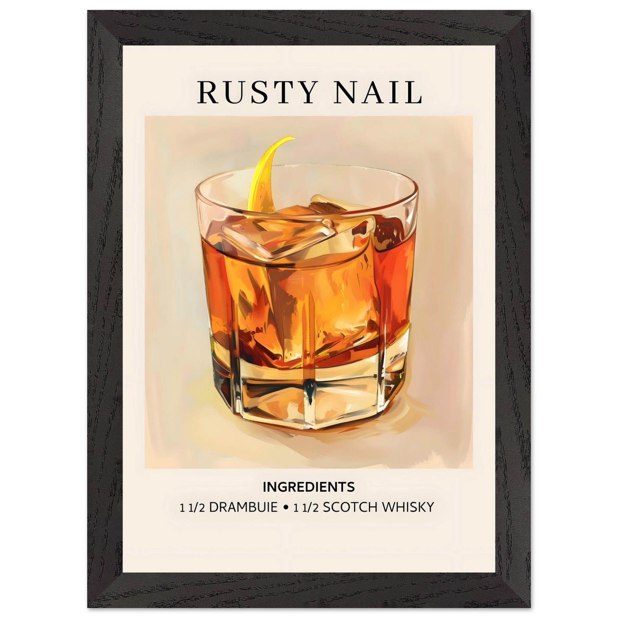 Artfulprints Poster met Lijst Rusty Nail cocktail - Ingredients  - A4 21x29.7 cm - Bruin