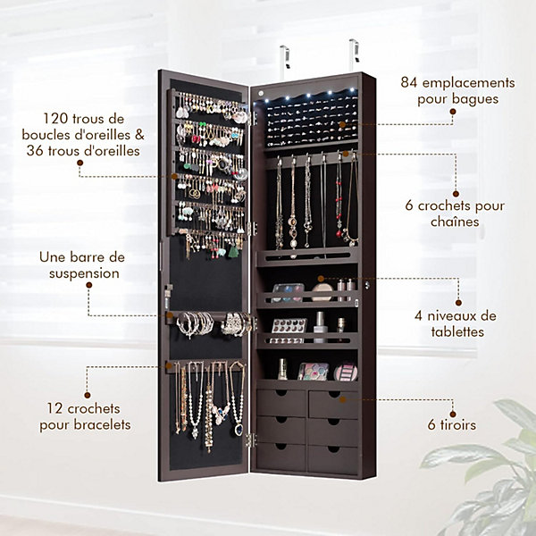 Armoire a Bijoux Mural avec Miroir et Lumiere LED Armoire de Rangement Mural Accrochee a la Porte avec Serrure Marron