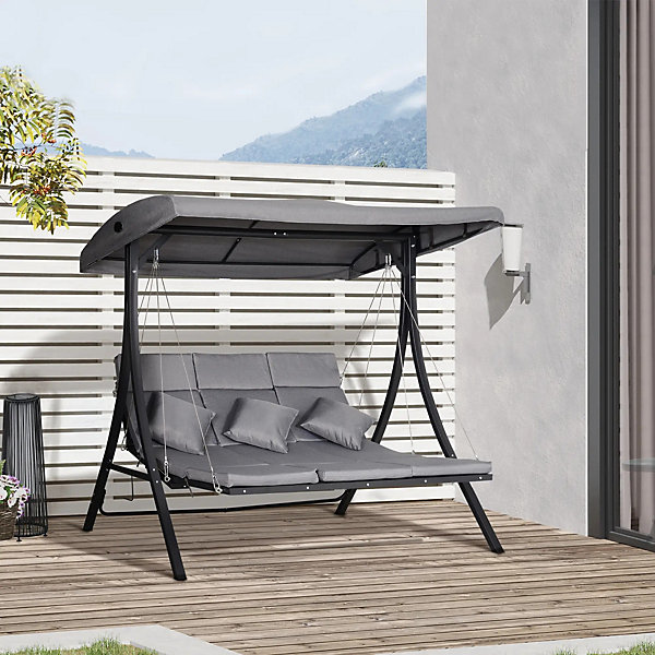 Balancelle de jardin 3 places avec coussins et toit pare-soleil réglable, charge 270 kg, Gris