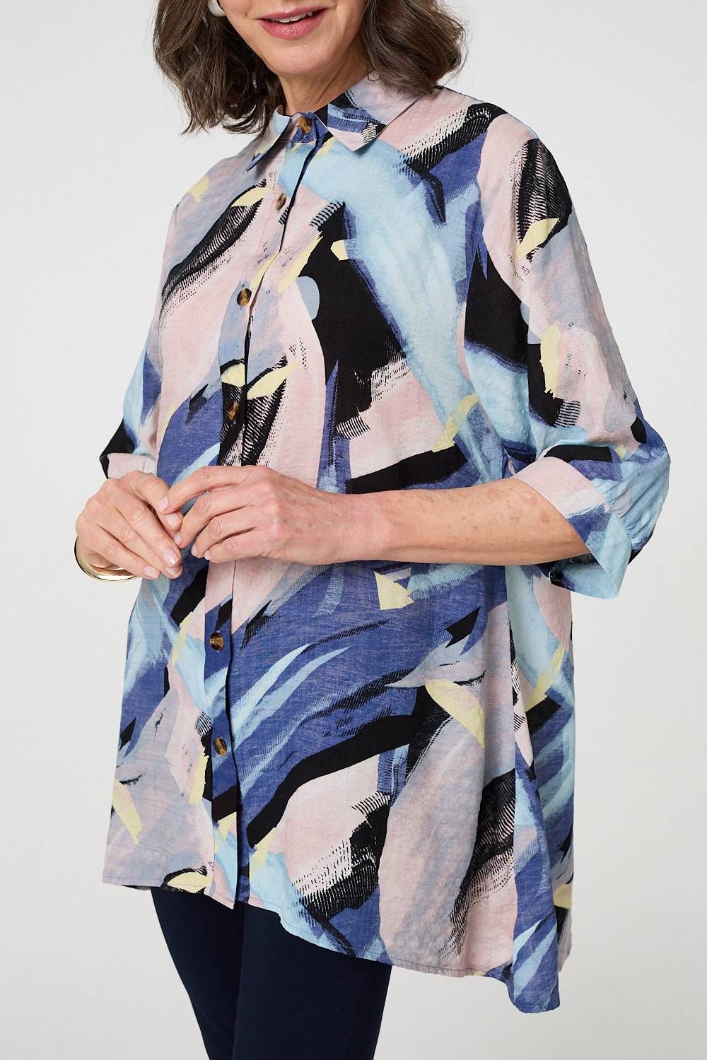 Izabel London Brushstroke Print Collared Relaxed Shirt
