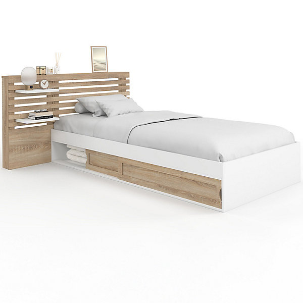 Lit simple SAVANA avec tête de lit, chevets, rangements et sommier 90 x 190 cm façon hêtre et blanc