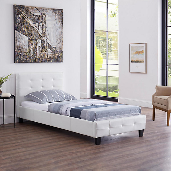 Lit simple REVE, 90 x 190 cm, capitonné avec sommier, revêtement synthétique blanc